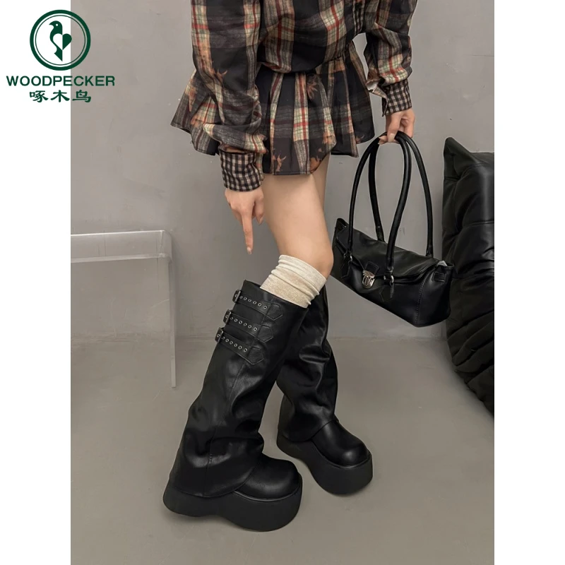 啄木鸟堆堆裤管靴女2025超火厚底增高黑色长筒靴女修饰腿型长靴子