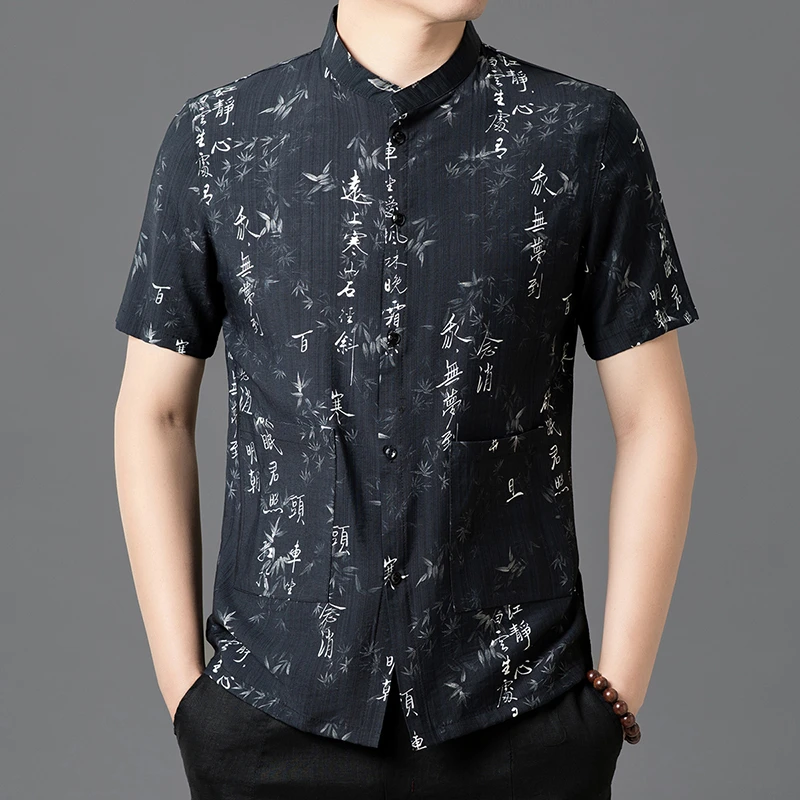 613短袖polo衫男衬衣上衣夏季中年宽松翻领时尚薄款无痕商务印花