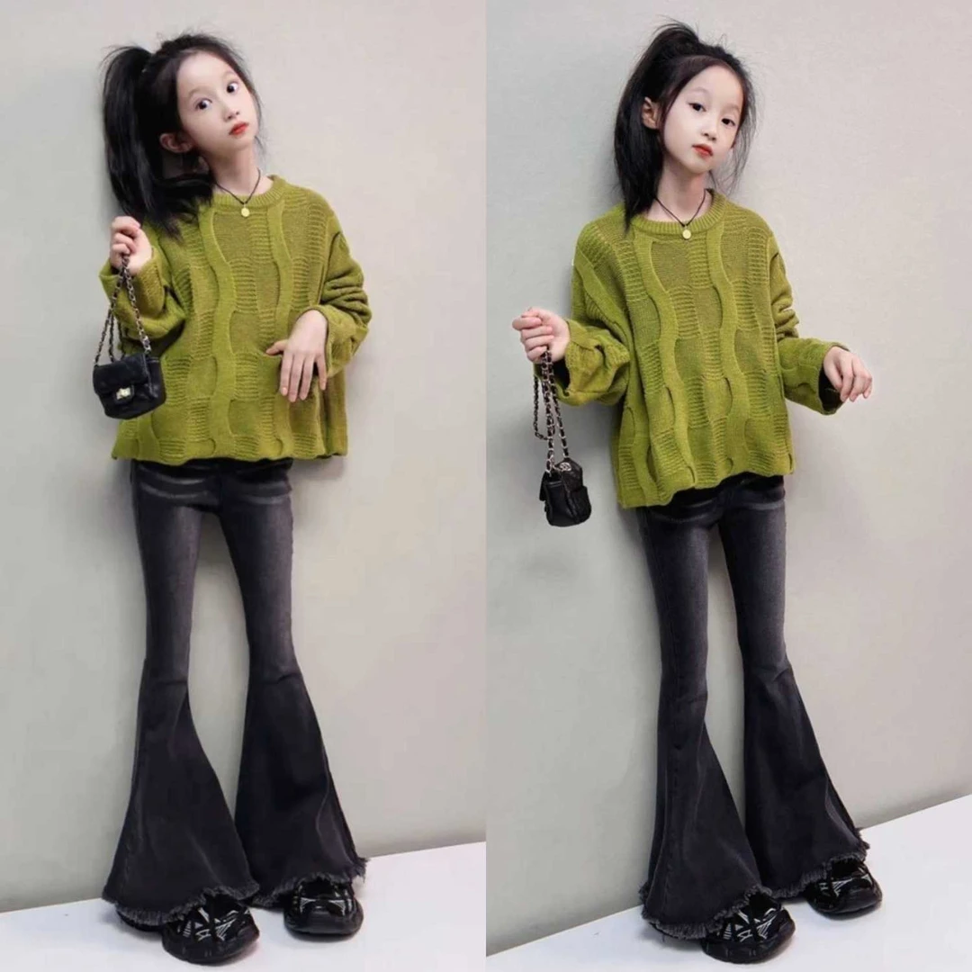 女童春秋针织毛衣套装高弹2025新款时髦韩版显瘦时尚网喇叭裤
