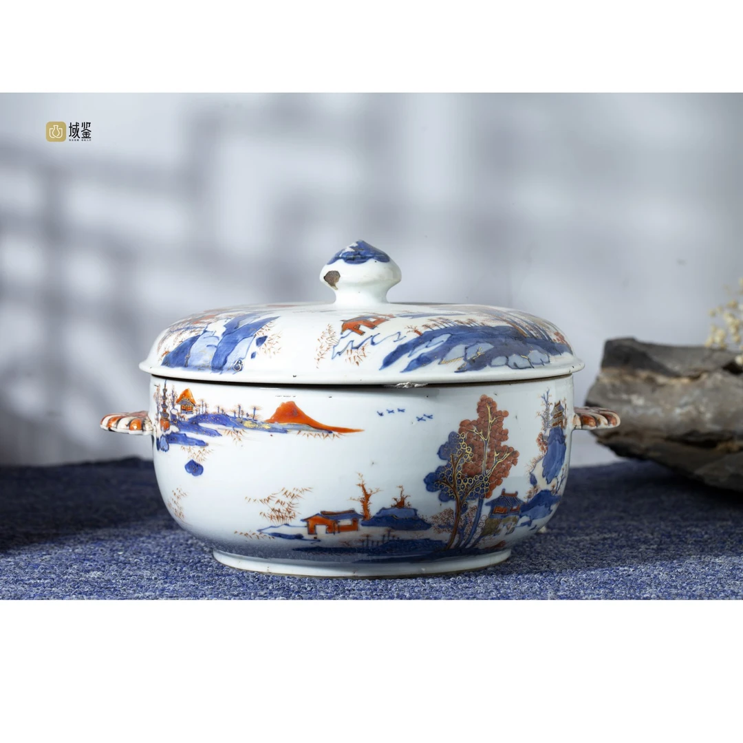【拍卖-清康熙】·青花矾红描金山水楼阁纹盖锅