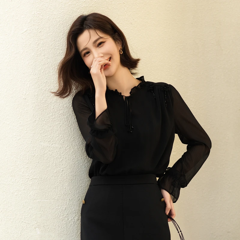 风笛2025秋季新款时尚百搭长袖雪纺衫通勤上衣显瘦遮肚子衬衫女