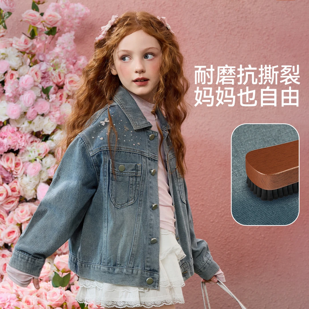 ASK JUNIOR牛仔外套2025春季女童翻领长袖开衫外套甜美可爱上衣