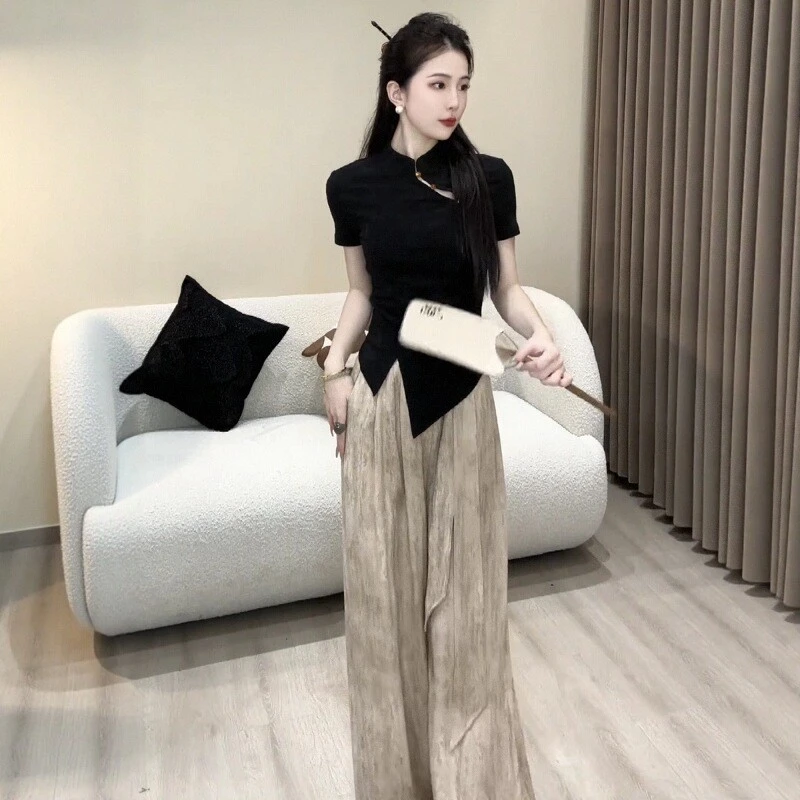 2025夏季新款新中式国风别致盘扣上衣搭高腰显瘦阔腿裤时尚两件套