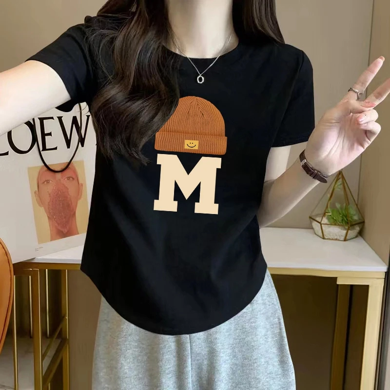 大码胖mm韩版简约正肩短袖圆领印花T恤女学生夏季修身显瘦上衣潮