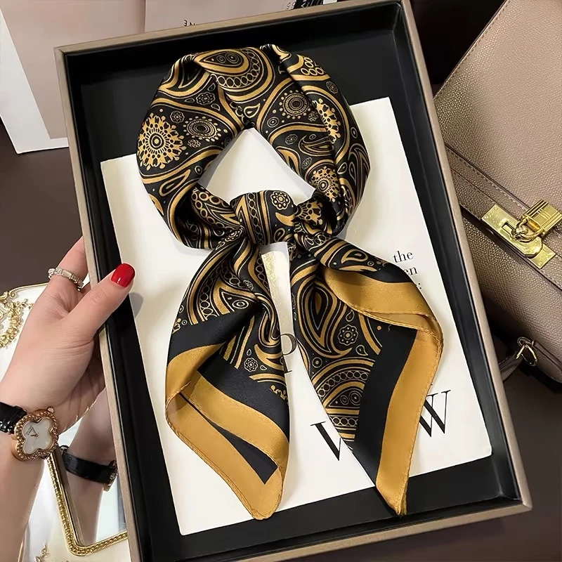 黑金腰果花n162精美轻奢高定贵气百搭70*70仿真丝