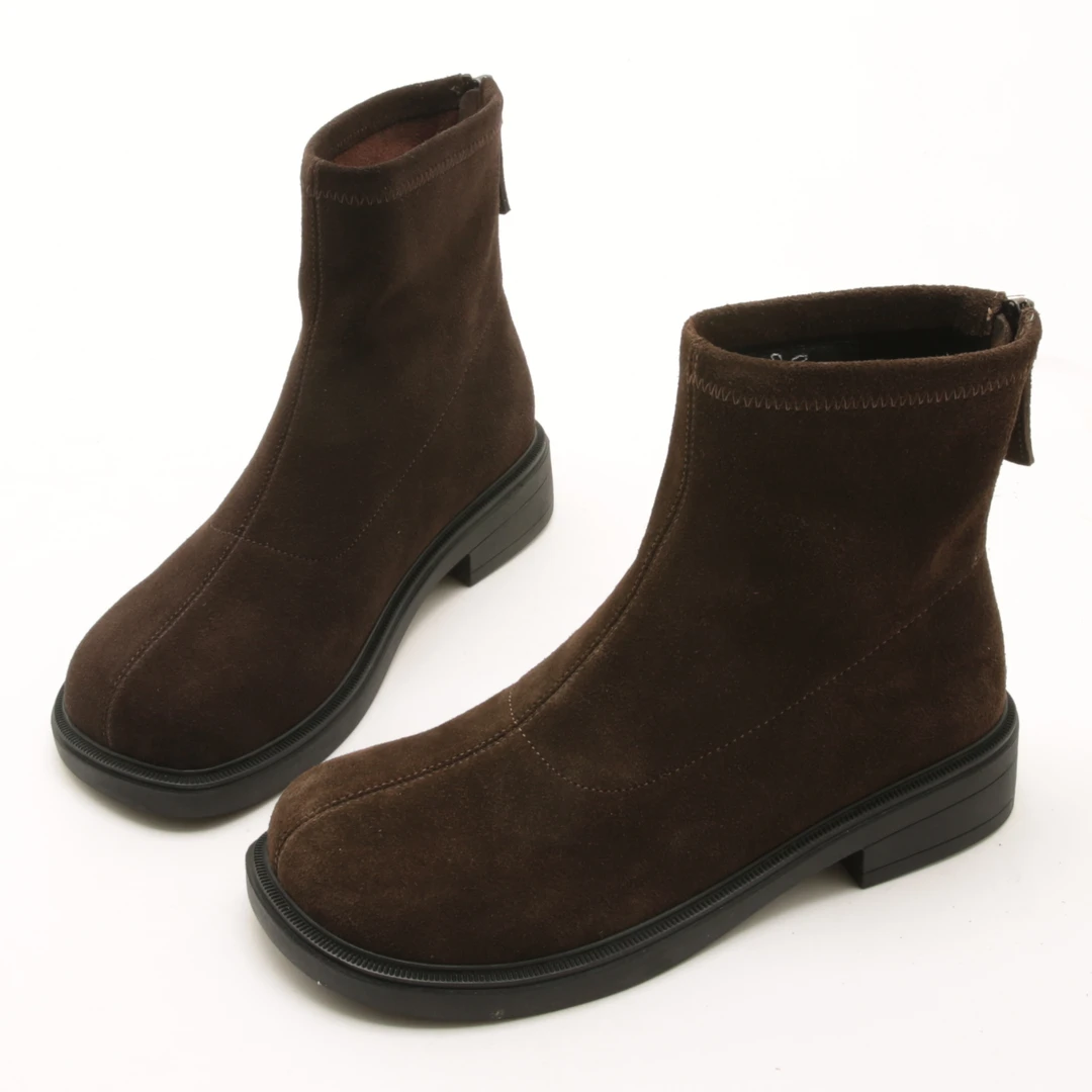 5643秋冬新款真皮低跟瘦瘦靴舒适粗跟短靴百搭休闲圆头女靴