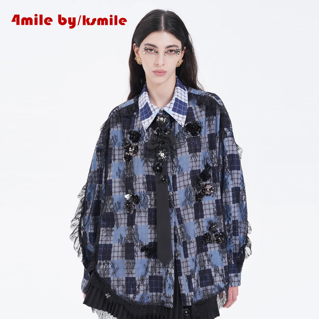 4MILE BY KSMILE | 朦胧概想蕾丝拼接立体设计感格纹花朵领带衬衫
