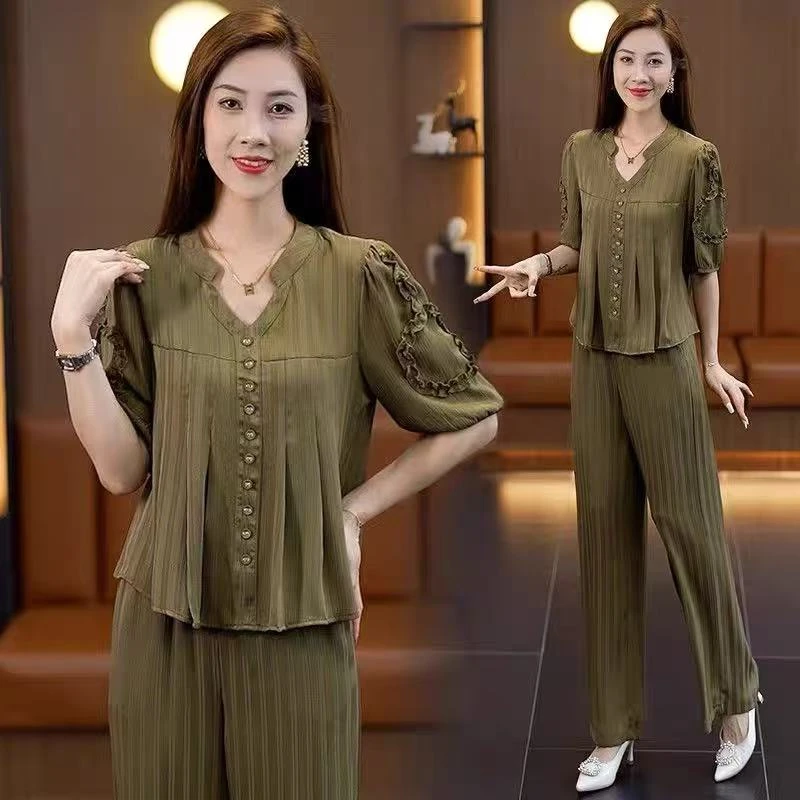 F058新款夏季优雅气质时尚显瘦短袖洋气套装休闲春夏修身女神套裤