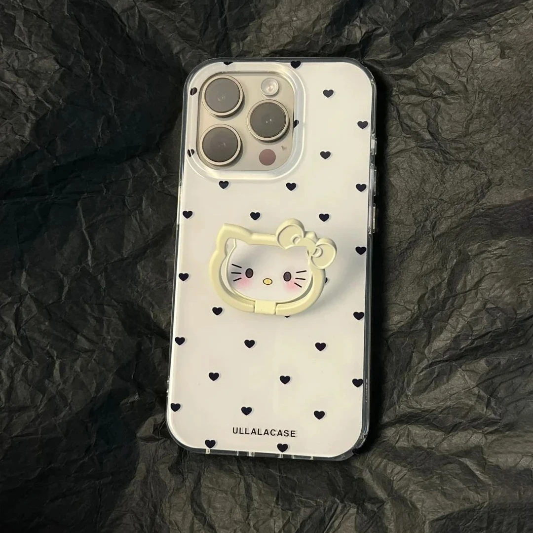 夕与空满屏小爱心凯蒂支架适用苹果16手机壳双层华为vivo小米oppo