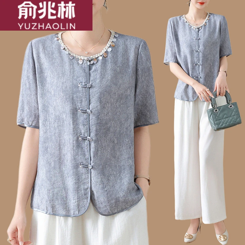 俞兆林新中式妈妈夏装套装洋气衬衫中老年女装夏季短袖国风上衣两