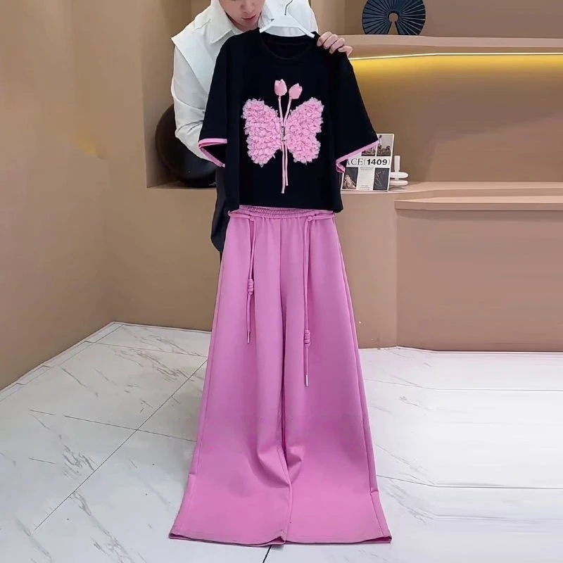 欧货夏季短袖运动套装女2025年新款韩版宽松高腰阔腿裤两件套显瘦