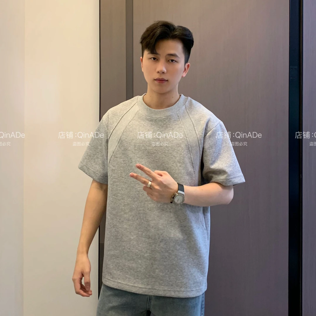 QinADe夏季太空棉空气层拼接短袖T恤抗皱硬挺短款boxy版型