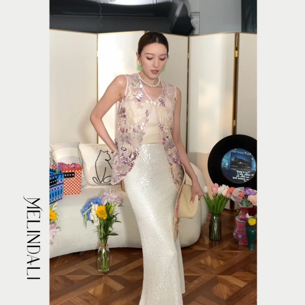 Melinda Li【华美】国风网纱珠片刺绣桑蚕丝欧根纱圆领宽松轻薄马