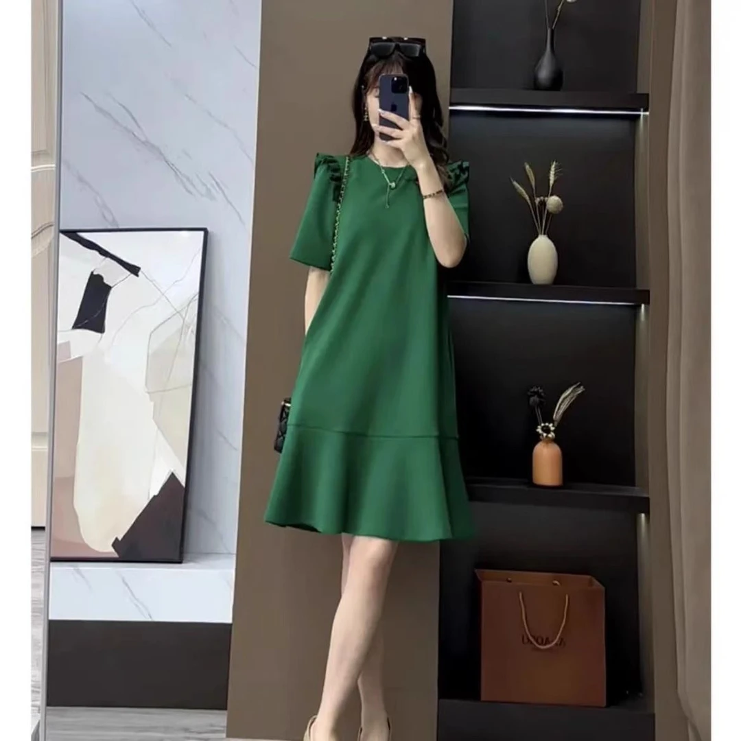 夏季新款2025荷叶裙子大码宽松气质中长款显瘦鱼尾连衣裙女短袖