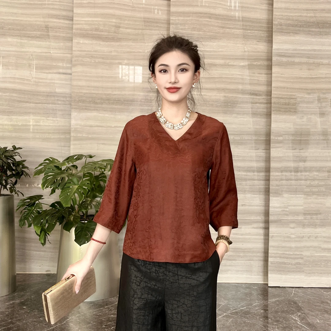FSSIA霁月｜双面穿三经萝红云纱V领夏季百搭套头上衣MS-5155