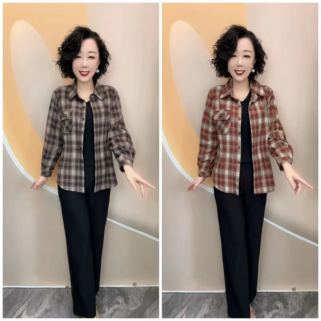 2503早秋款中老年妈妈时尚休闲格子衬衫上衣，衣长68