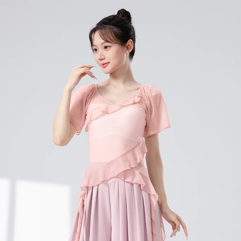 新款古典舞蹈服女荷叶边短袖弹力网纱上衣中国现代舞身韵练功服装