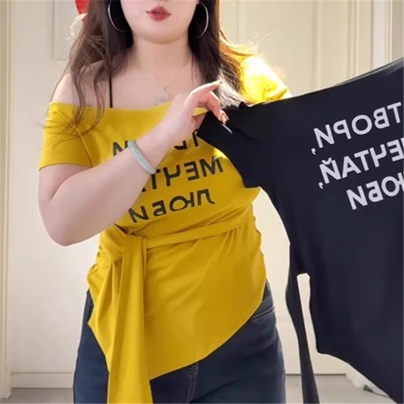 爆款辣妹黄色斜露肩印花T恤女2025夏季多巴胺穿搭不规则绑带上衣