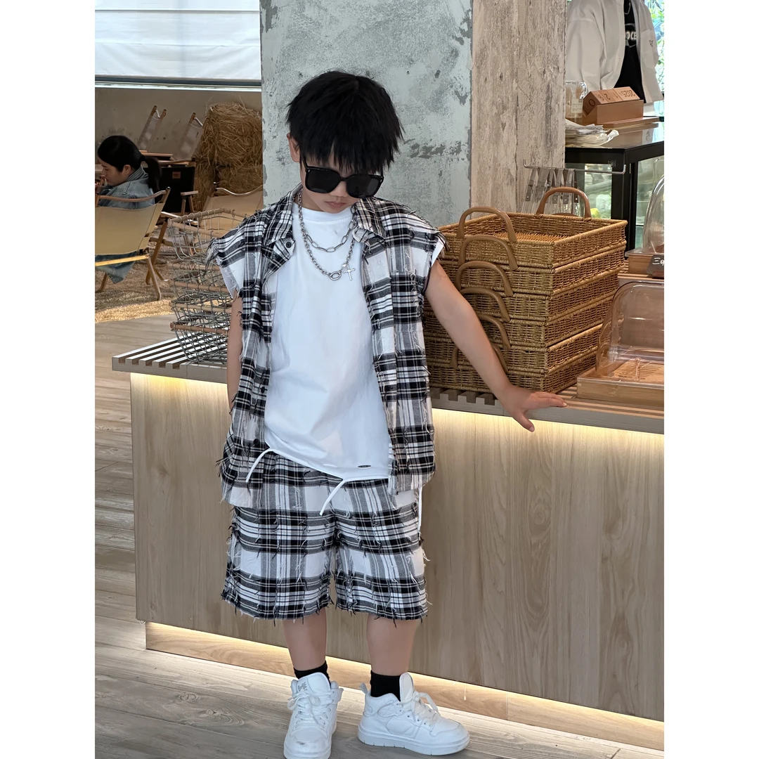 THE LUHAN 【格子套装】时尚休闲夏季宽松潮流格子中大童套装24071