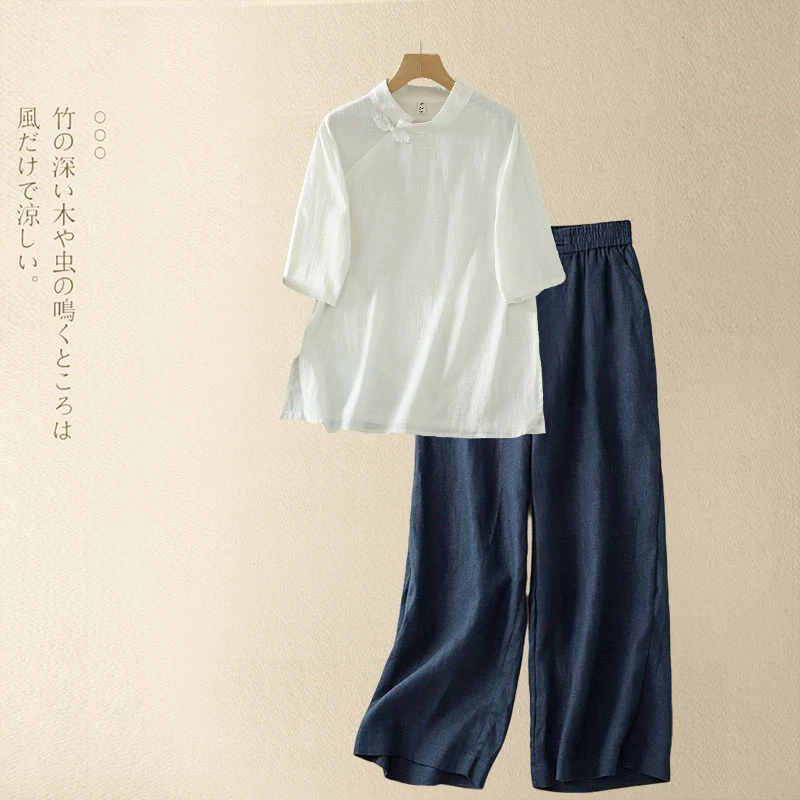 夏新款盘扣短袖衬衫中式改良禅意立领上衣茶服简约休闲显瘦九分裤