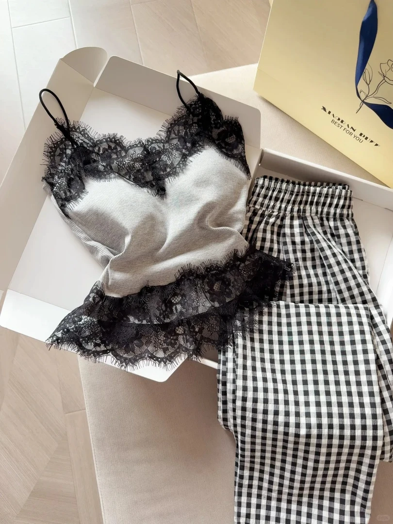 【DMXJ大梦想家】高级感纯欲甜美睡衣女装夏季款格子长裤家居服套装