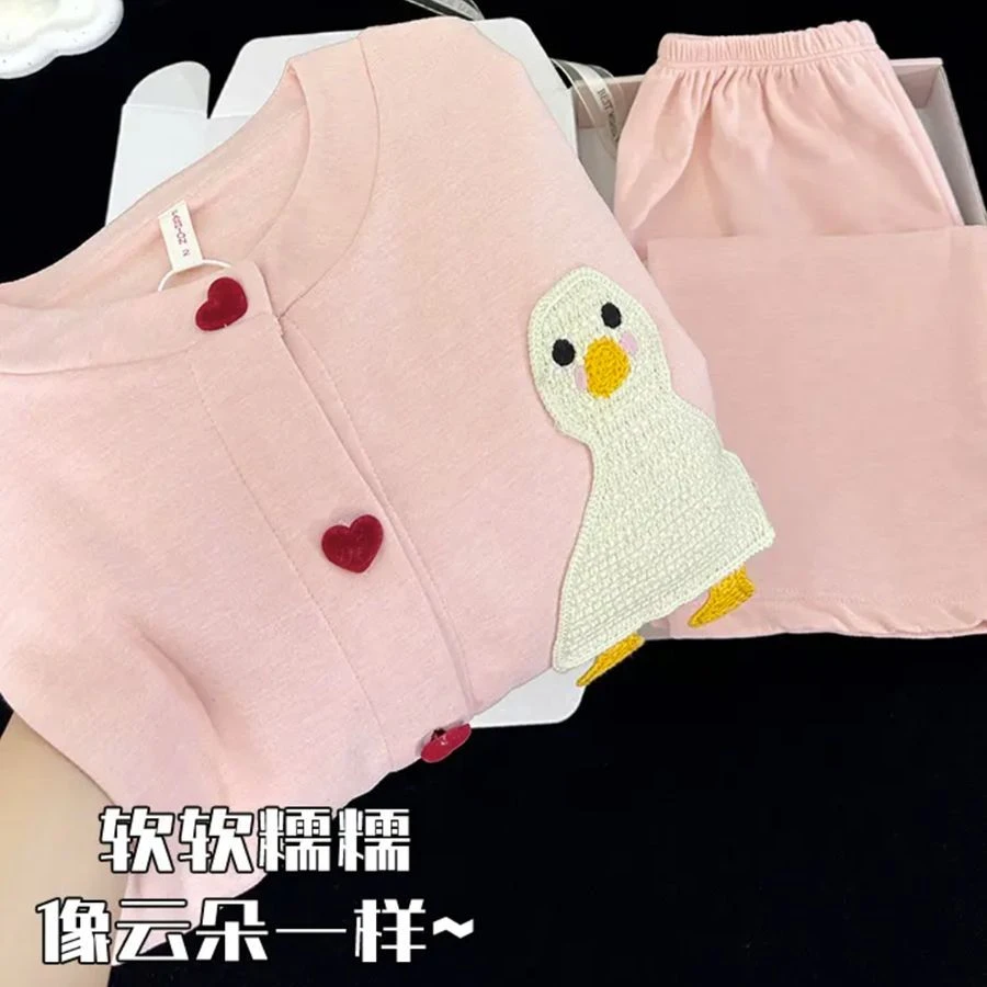 秋冬季套装新款羊绒睡衣女士休闲简约卡通家居服长袖开衫睡衣套装