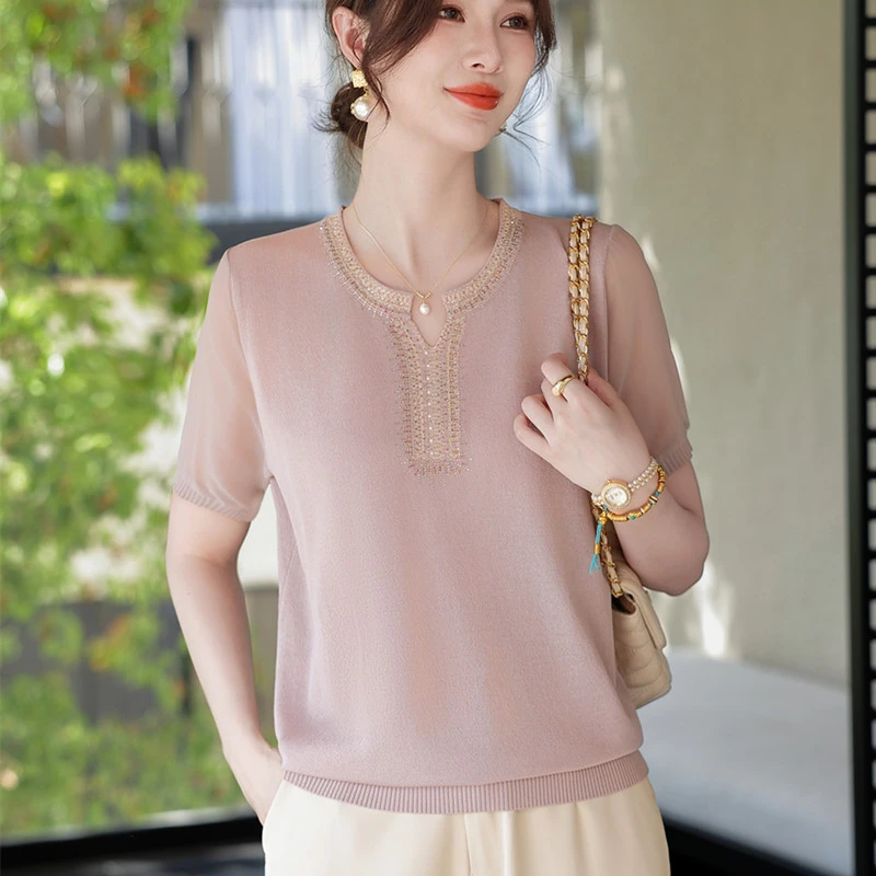 2025新款妈妈装夏季洋气冰丝短袖针织衫中年女夏冰丝T恤薄款上衣