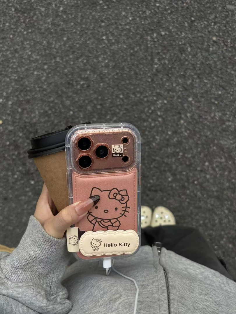 ins气垫皮质线条挎包KT猫适用iPhone17pro手机壳16promax支架15女