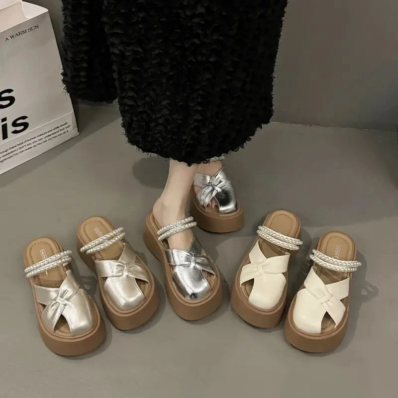 包头半拖鞋女2025新款夏季珍珠两穿厚底设计感镂空一脚蹬懒人半托