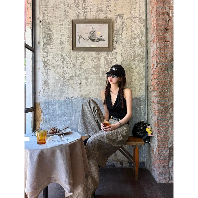 酷飒风女装高级感挂脖露背荡领上衣背心美式豹纹宽松阔腿休闲长裤