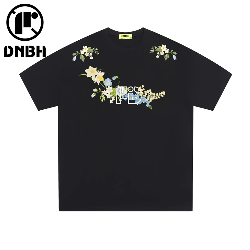 DNBH纯棉仿花卉刺绣短袖t恤夏季宽松休闲高街潮牌圆领情侣装女生