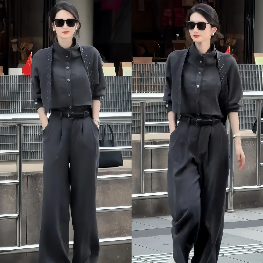 2025秋季新款休闲设计拼接宽松舒适长袖上衣高腰显瘦阔腿裤两件套