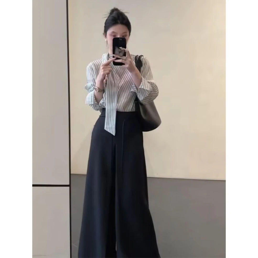 春款时尚气质御姐通勤条纹上衣飘带设计感百搭衬衫阔腿裤两件套装