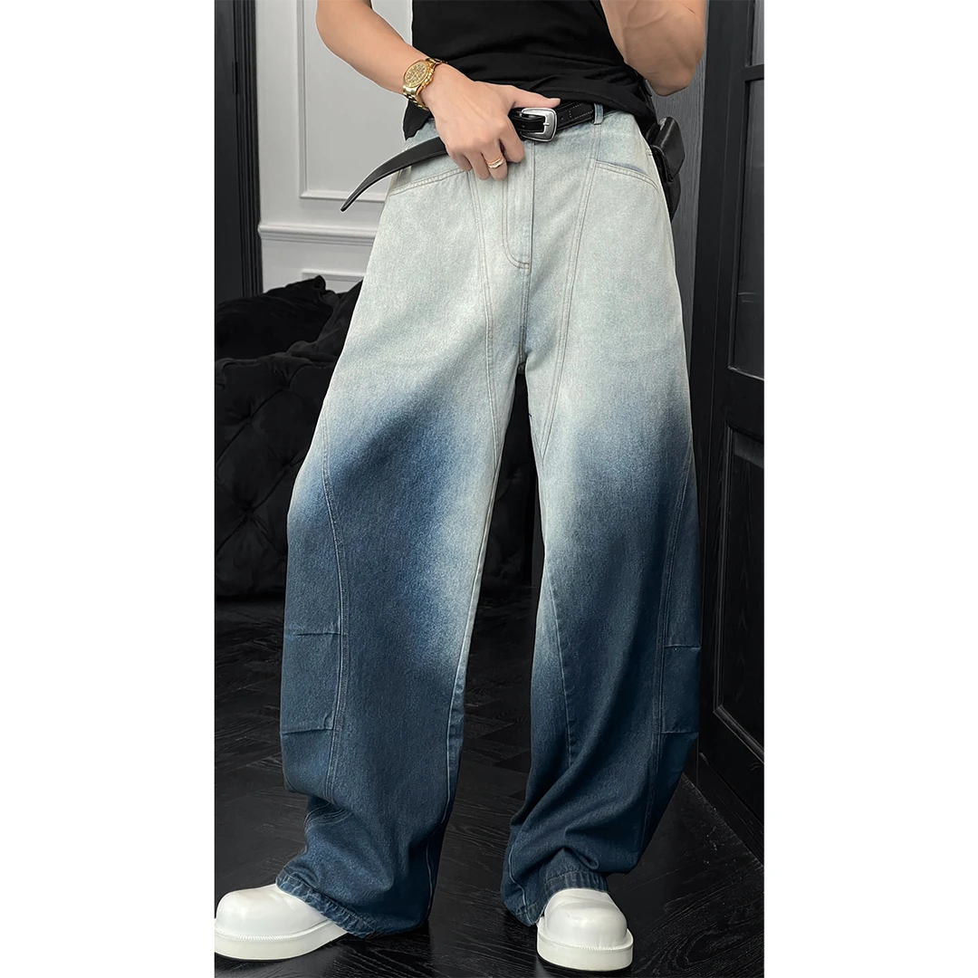 龙叨叨春夏新款美式复古渐变水洗弯刀牛仔裤男宽松街头设计感长裤