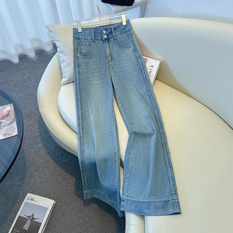 浅蓝色阔腿牛仔裤女夏季2025高腰显瘦宽松小个子九分直筒裤子4685