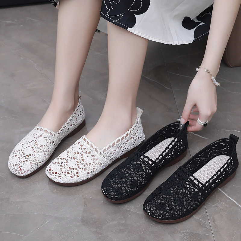 夏季新款老北京网鞋透气网面布鞋浅口镂空蕾丝女鞋软底休闲妈妈鞋