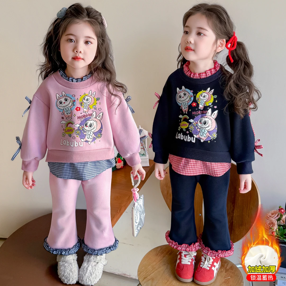 女童拉布布加绒套装洋气儿童秋冬季新款女宝宝加厚卫衣休闲两件套