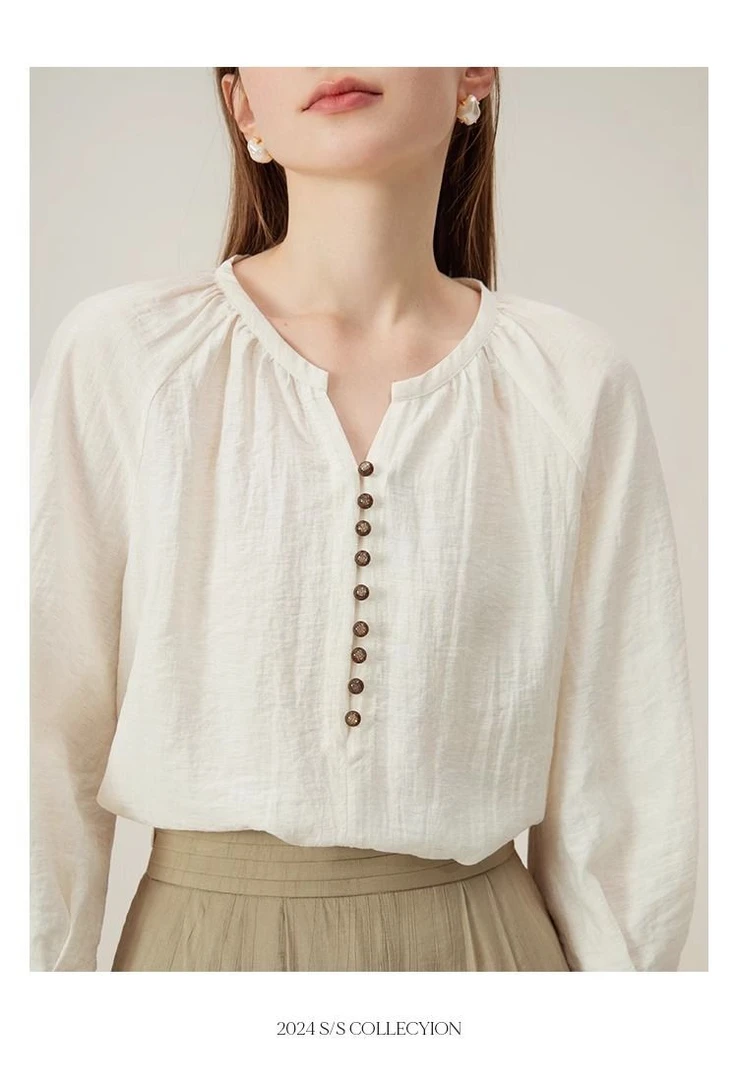 法式气质简约百搭短袖衬衫女夏季新款文艺复古七分袖纯色别致上衣