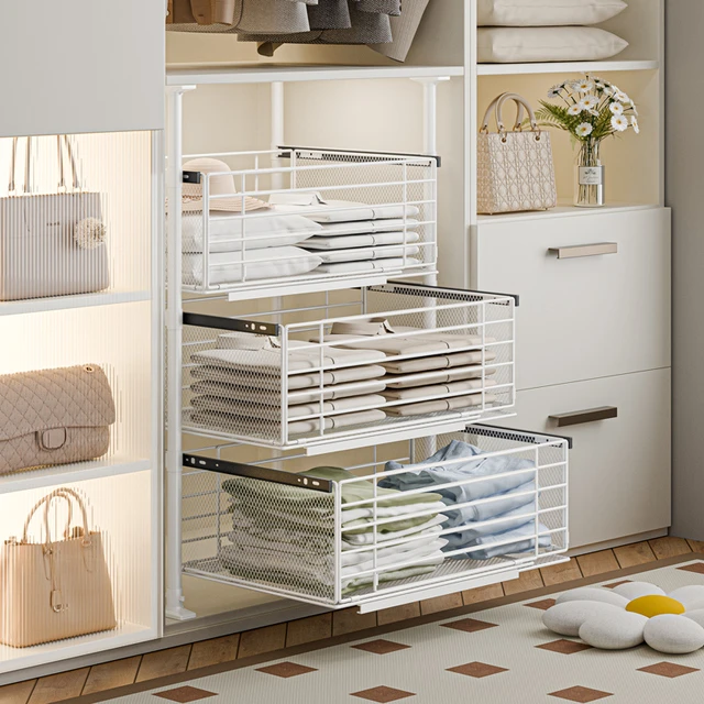 衣柜拉篮抽屉式分层收纳推拉轨道免打孔抽拉裤架伸缩多层改造内置