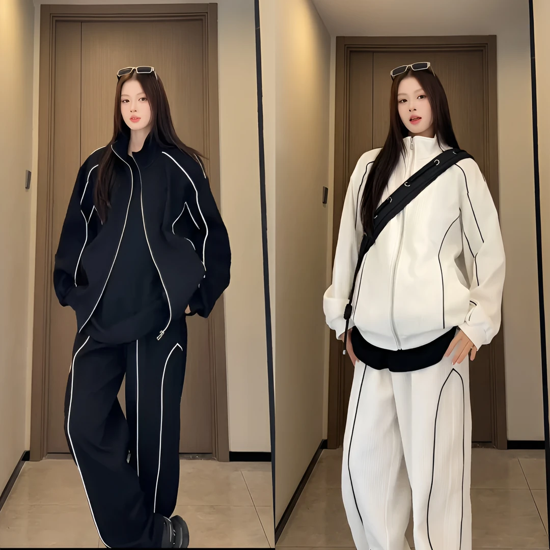 秋季新款条纹肌理感宽松运动套装男士设计款高街休闲时尚百搭套装