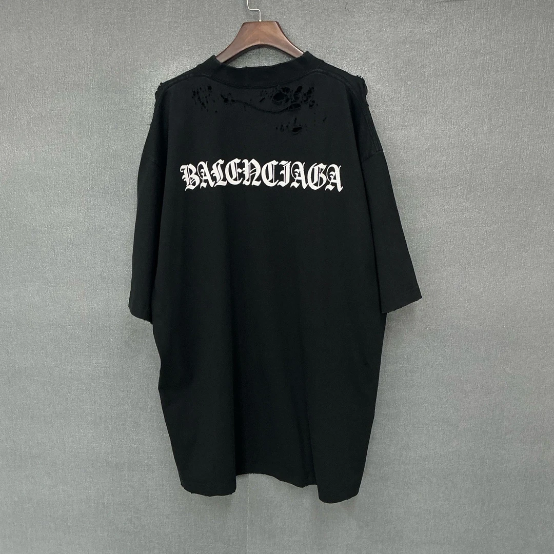 99新 Balenciaga/巴黎世家 背后梵文裂纹印花破坏短袖T恤L码/5965