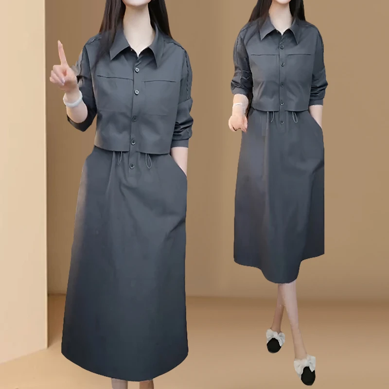 长袖高档工装风衣连衣裙女2025春秋新款减龄收腰假两件衬衫领裙子