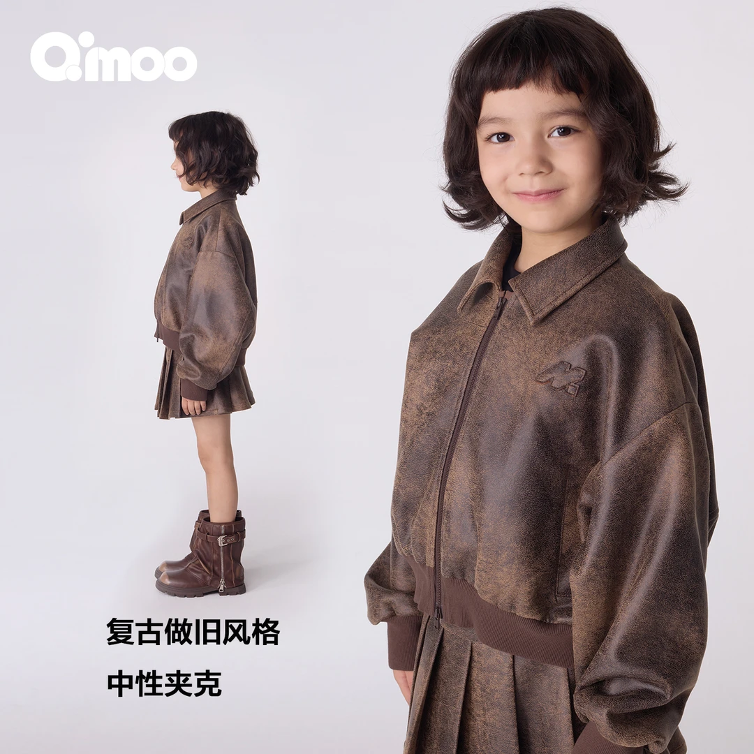 25秋季女童复古长袖时尚休闲风仿皮做旧外套QSS3WP223B