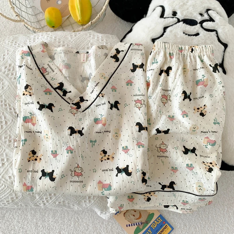 【双短V领】夏季新款卡通可云朵棉睡衣女短袖短裤宽松可外穿家居服