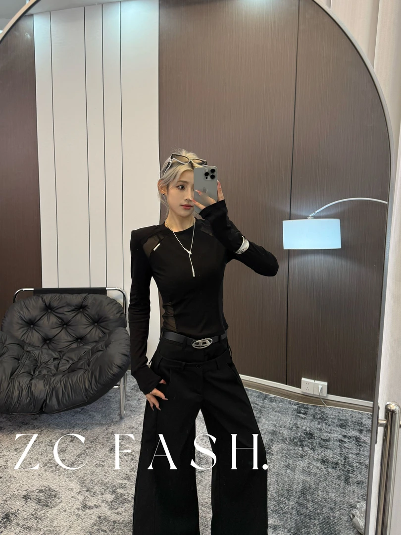 ZC-网纱拼接收腰长袖T恤上衣-S162