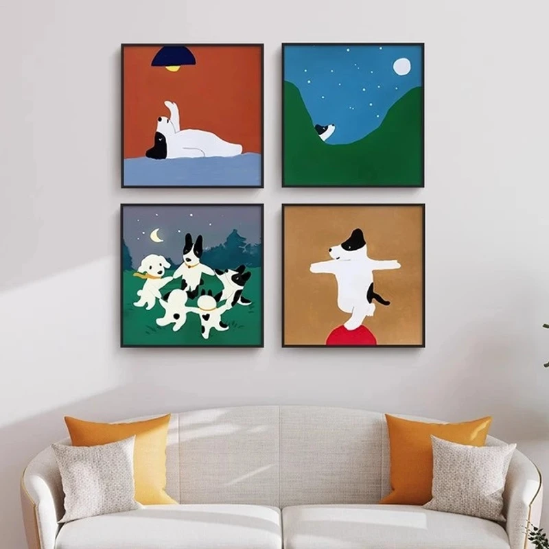 北欧可爱挂画餐厅儿童房治愈萌趣小狗卧室床头卡通手工砂岩装饰画