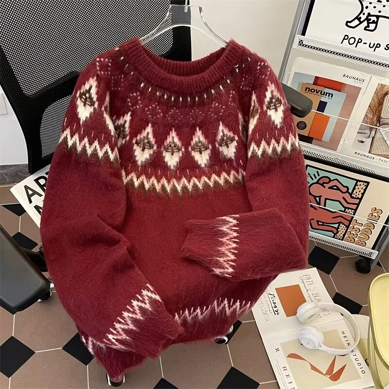 2025新年新款费尔岛红色毛衣男女潮牌情侣装针织衫圣诞毛线衣情侣