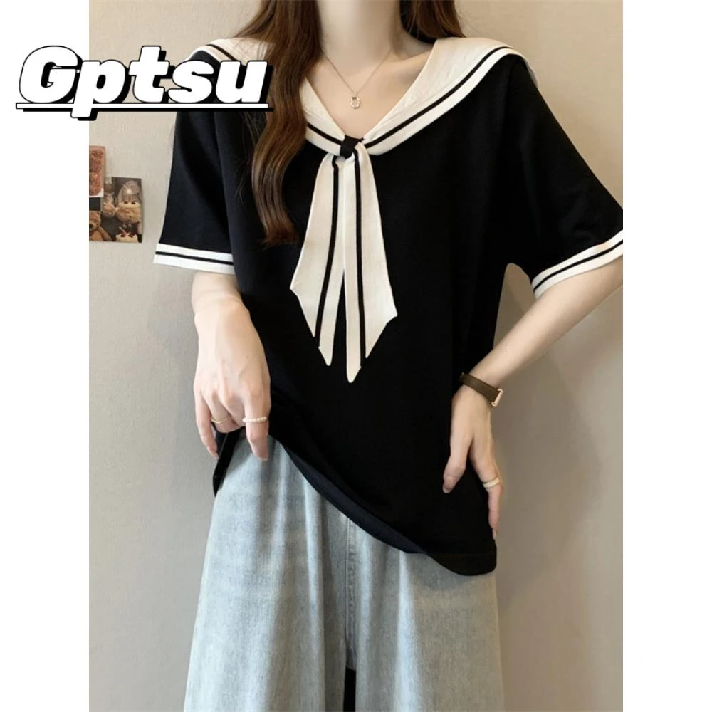 GPTSu大码短袖T恤女士夏季胖MM海军领撞色上衣设计感宽松遮肉体恤