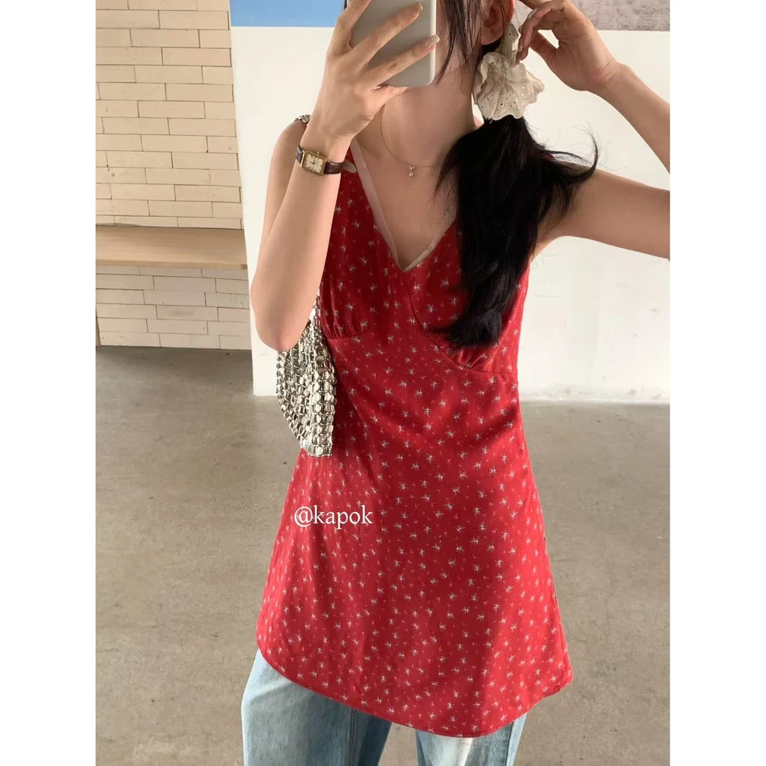 25113#KAPOK#韩系设计网纱拼接V领绑带碎花背心裙（福利）