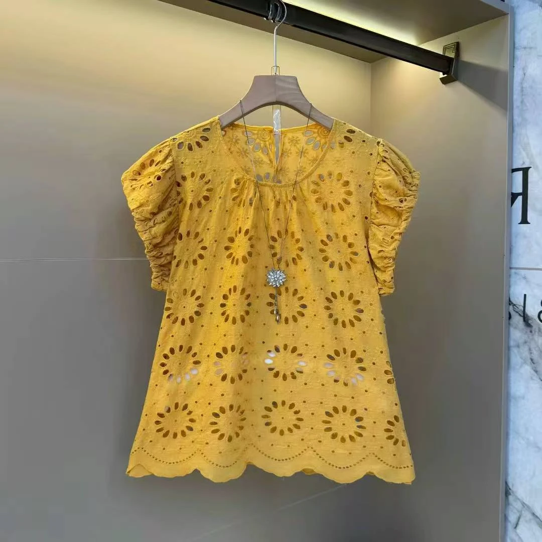 <ZX>镂空提花刺绣洋气减龄设计感上衣2025夏季款宽松大码显瘦女装